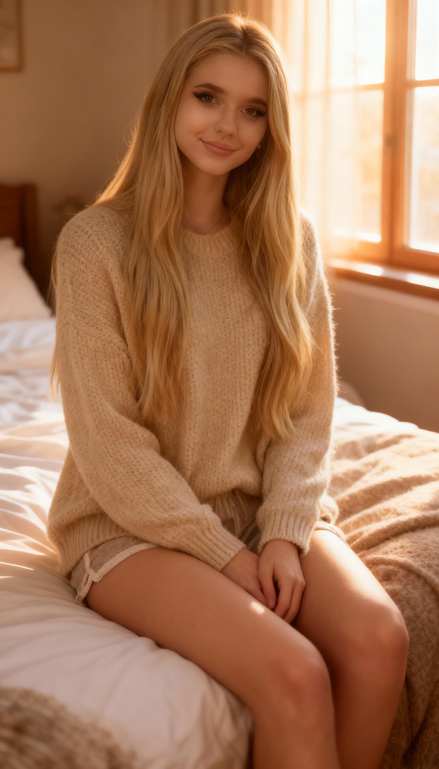 Beige Knit Sweater On Bed Warm Sunlight