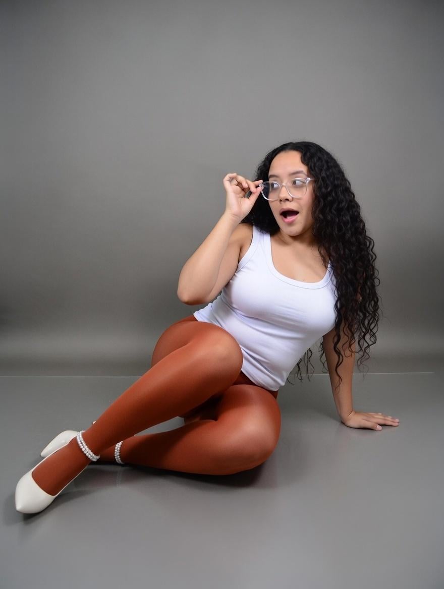 Shiny Rust Tights White Tank Top Grey Studio