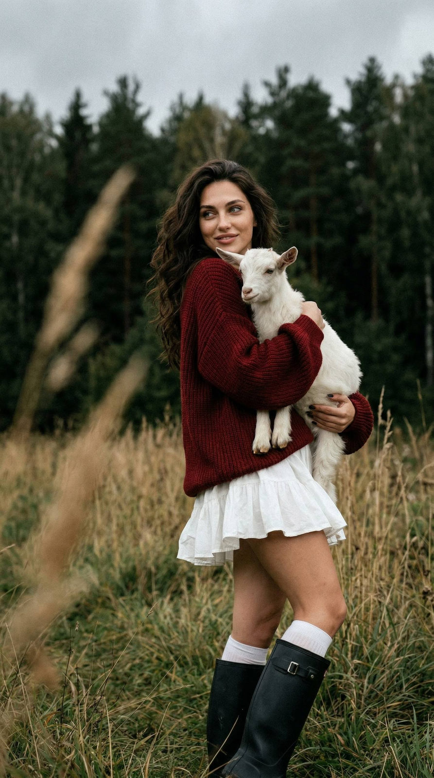 Girl Holding Goat Field Forest Cinematic Grain 9 16