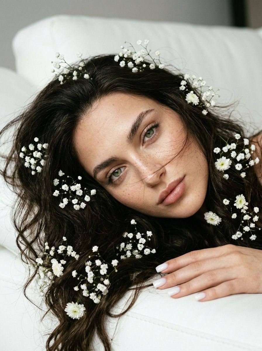 Realistic Girl White Sofa Flower Hair Close Up