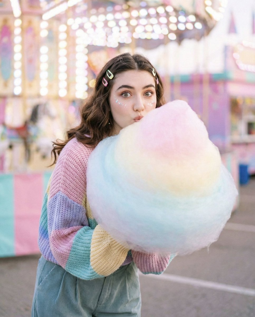 Girl Eating Pastel Cotton Candy Blurred Carnival Lights