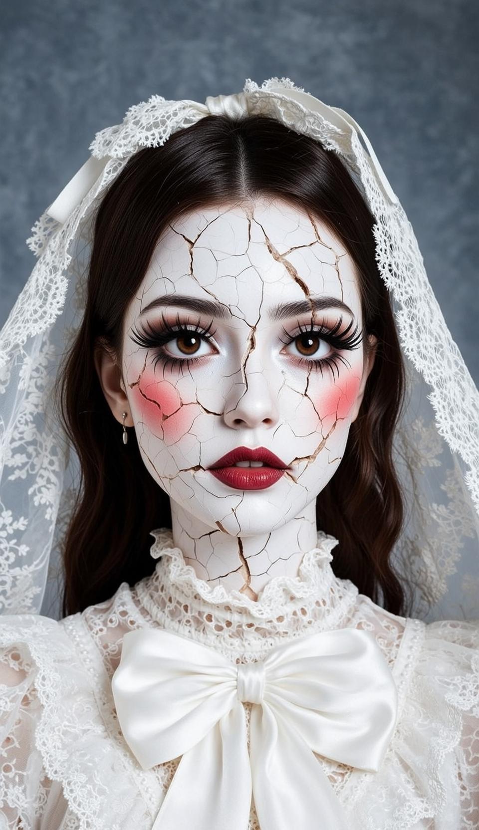 Halloween Makeup Doll-like Dark Brown Wavy Cracked reference photo