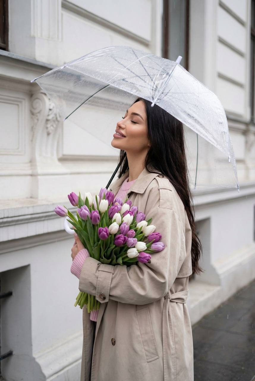 Rainy City Beige Trench Tulip Bouquet