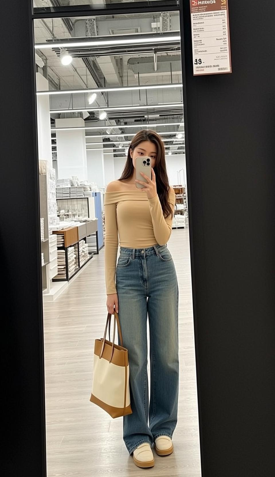 Acubi Stands Facing Large Mirror Holding Smartphone reference photo