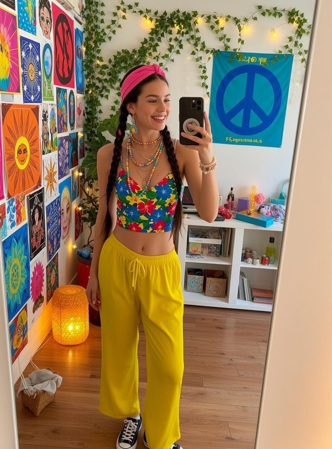 Bedroom Selfie Floral Crop Top Yellow Pants reference photo