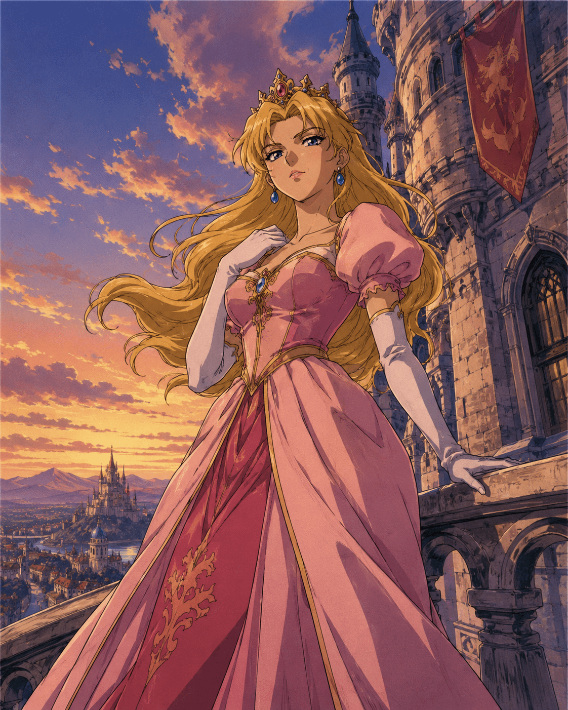 Fantasy Princess On Castle Balcony 1990s Anime Film Look