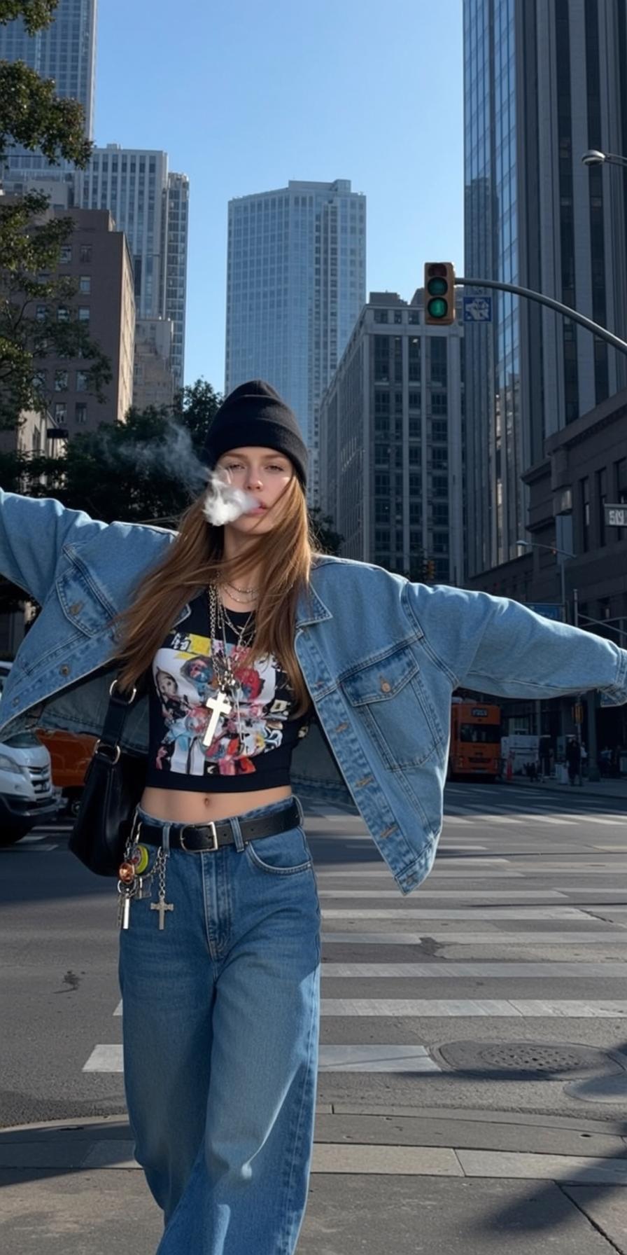 Black Crop Top Denim Jacket Beanie Smoking reference photo