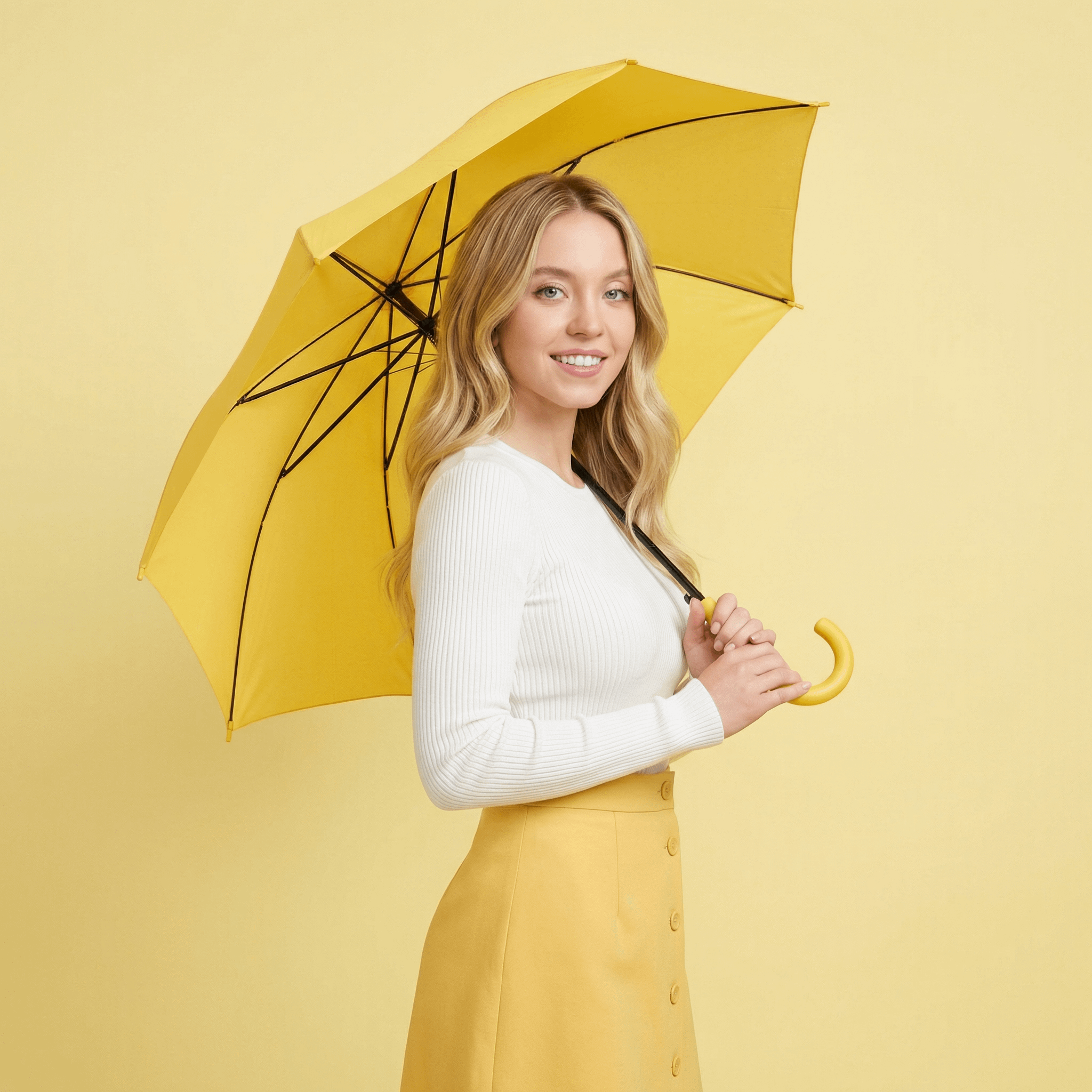 A woman smiling while holding a bright yellow umbrella against a pale yellow background, dressed in a white sweater and yellow skirt.