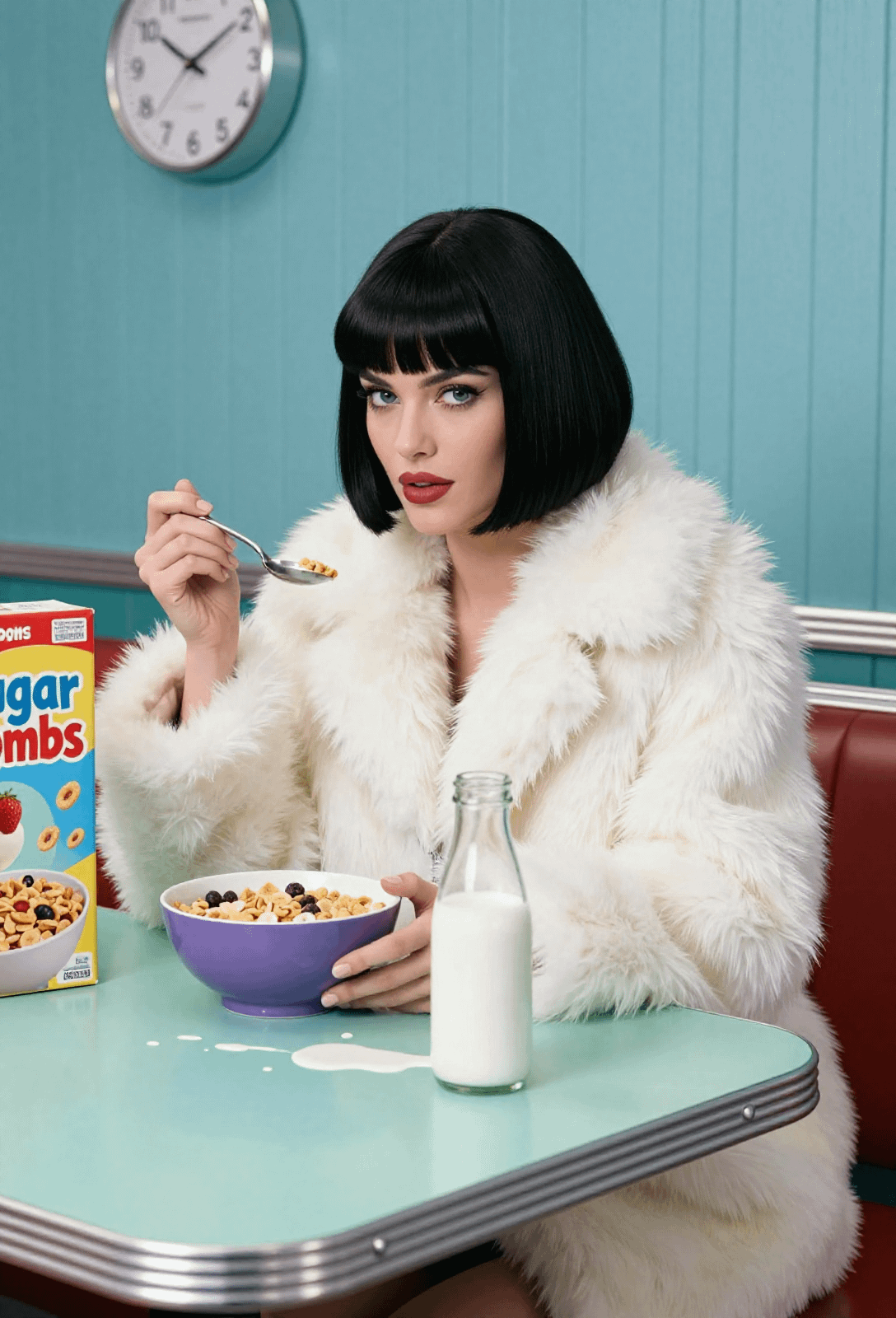 Retro Diner Woman Fluffy White Coat Cereal Splash