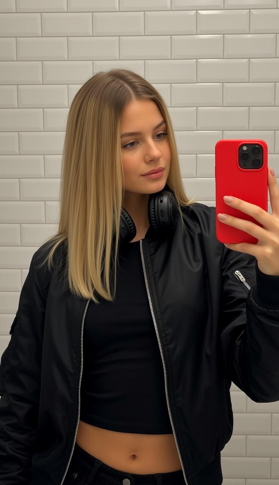 Explore Standing Holding Bright Red Smartphone Her reference photo