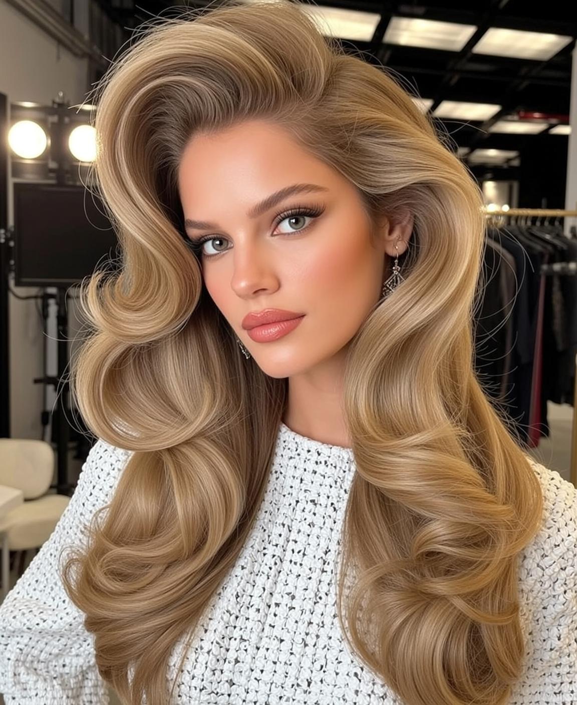 Blonde Wavy Hair Silver Earrings White Sweater reference photo