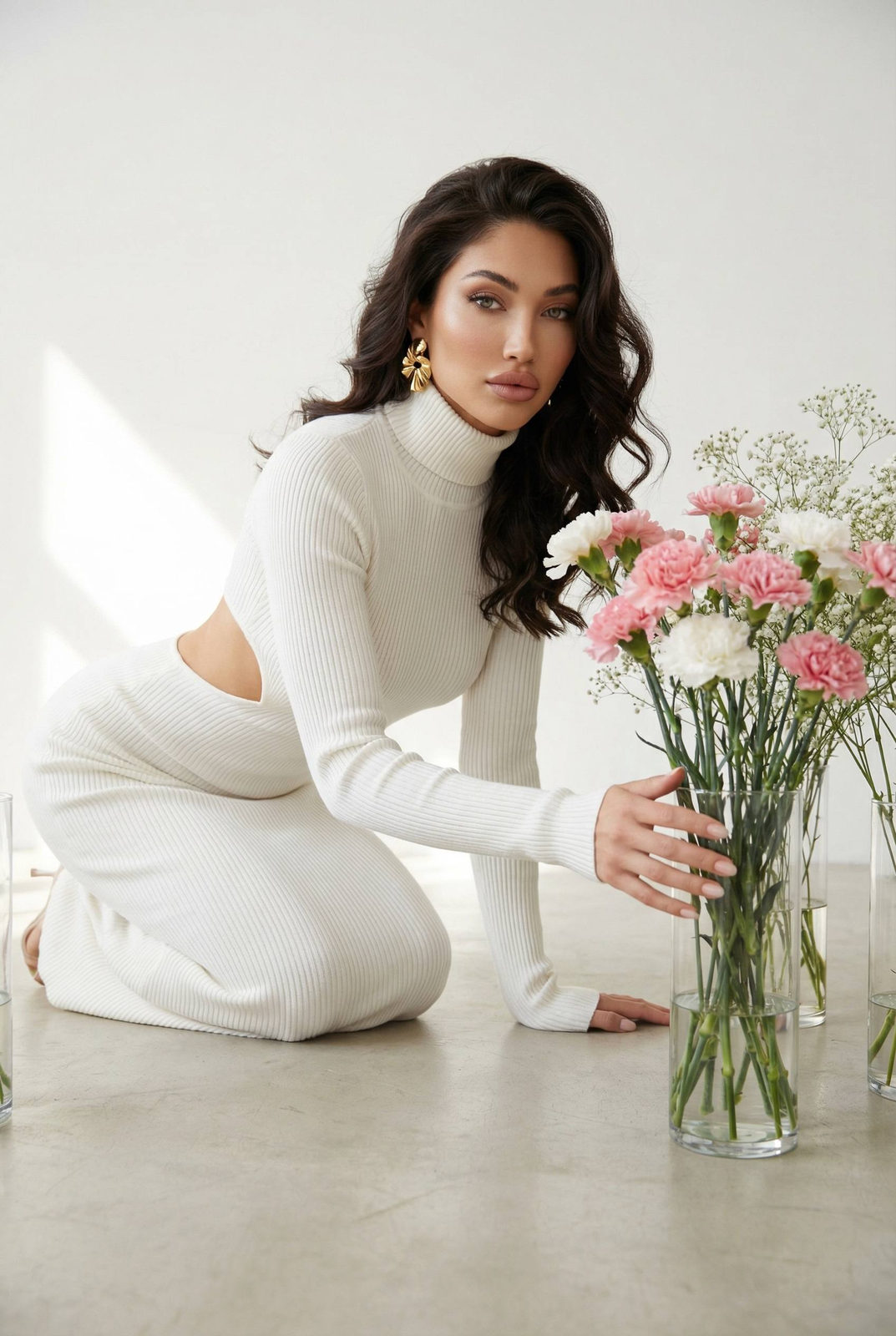 Elegant White Dress Studio Flowers Soft Romantic Pose