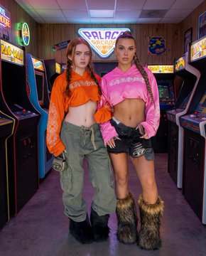 Arcade Glow Cargo Pants Pink Hoodie Faux Fur Boots