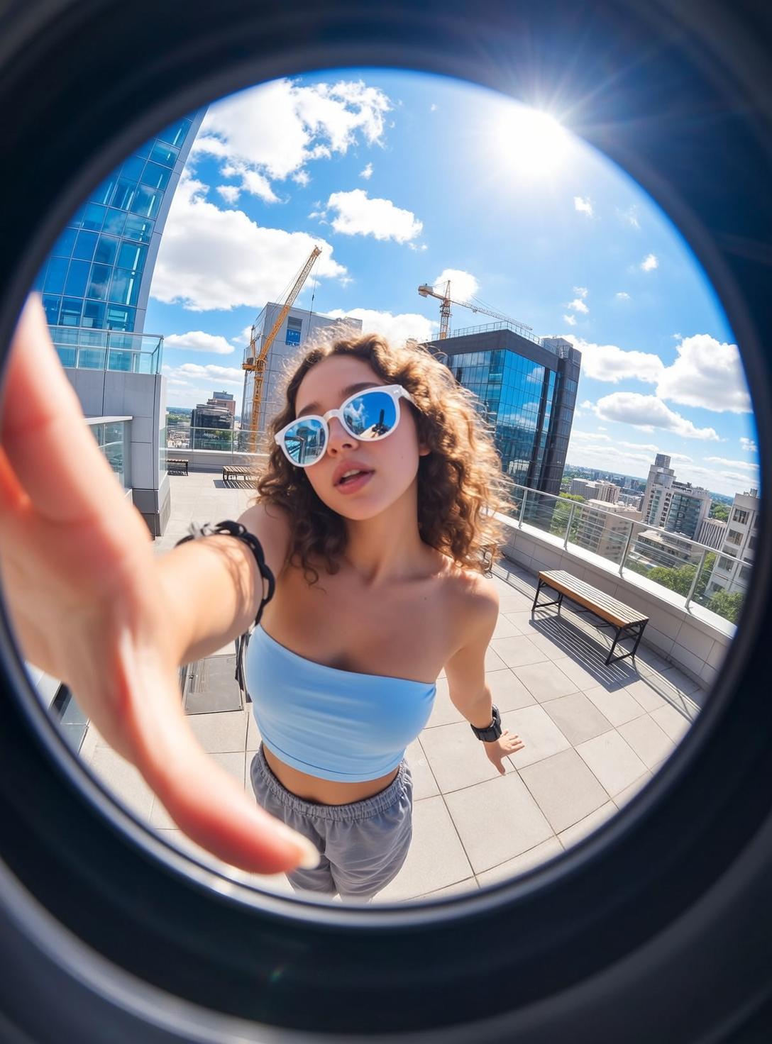 Blue Strapless Top Rooftop Selfie reference photo
