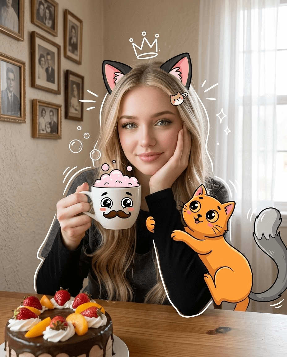 A medium shot of a person with long hair wearing a black shirt, holding a white mug with a cartoon face, a chocolate cake in the foreground, and an orange cartoon cat climbing their arm.