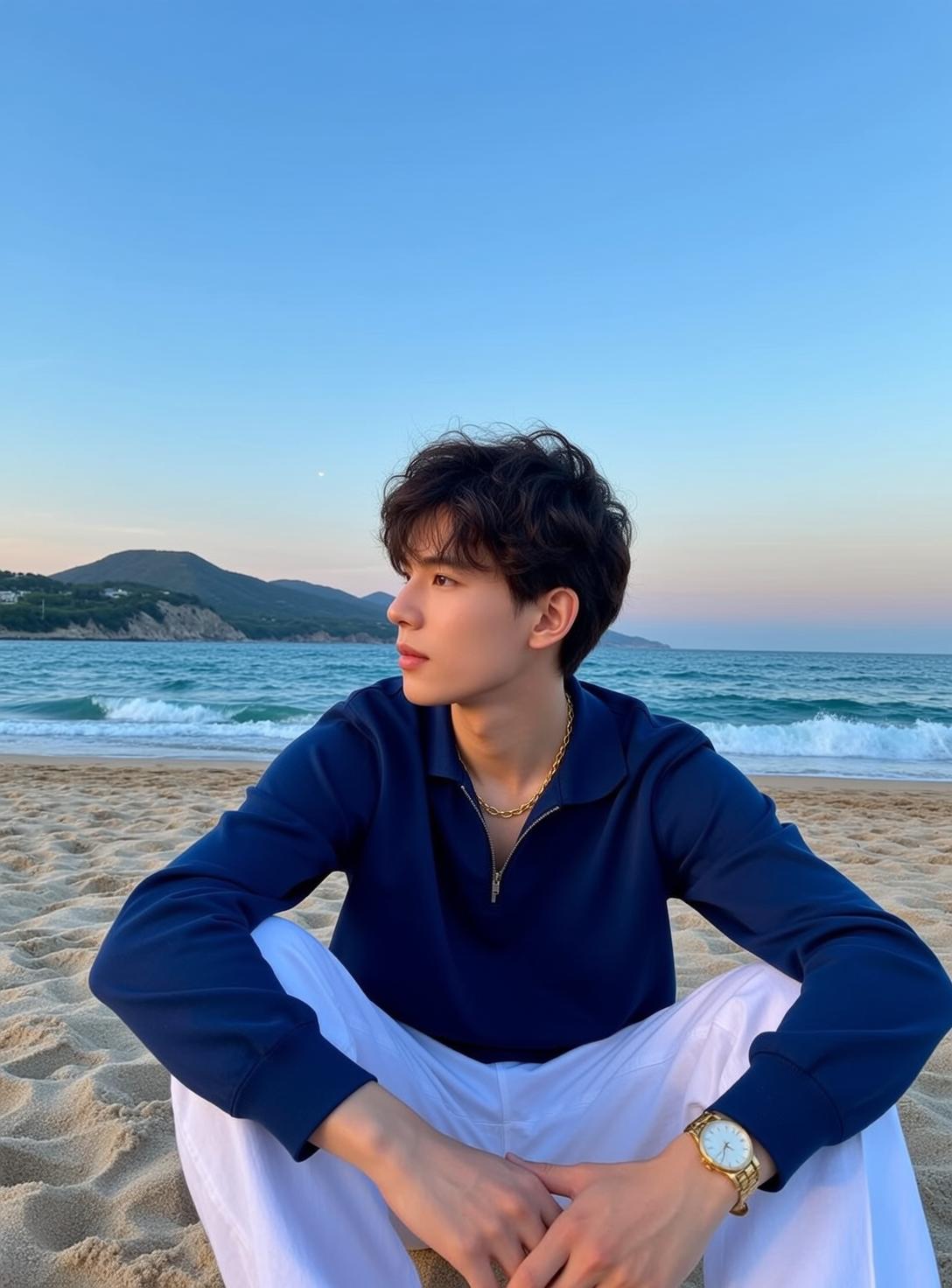 Blue Zip Shirt White Pants reference photo