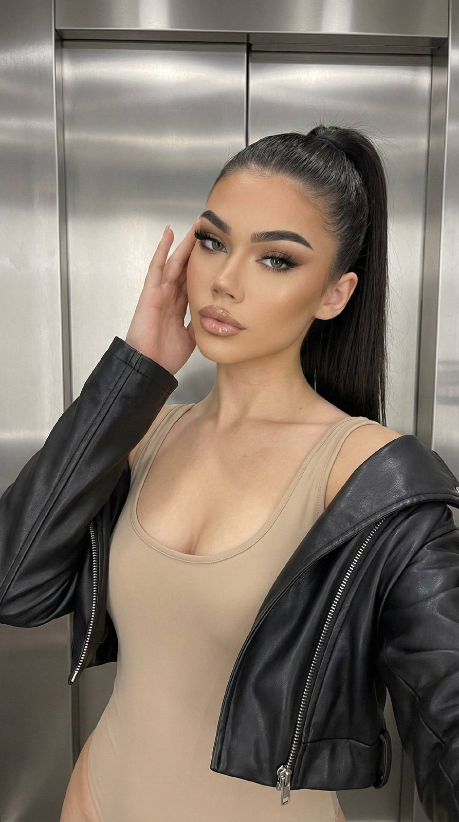 Realistic Selfie Woman Elevator Metal Wall