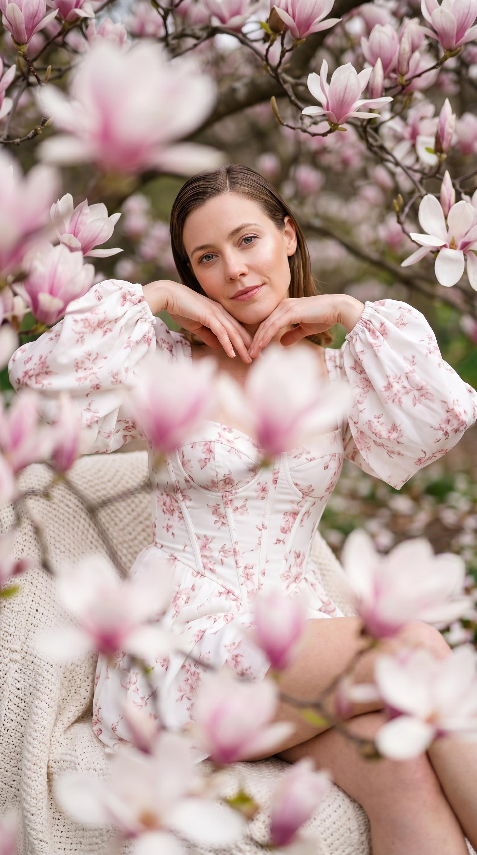 A woman seated on a cream blanket, surrounded by blooming magnolia flowers in soft pink and white tones, depicting a high-fashion portrait.