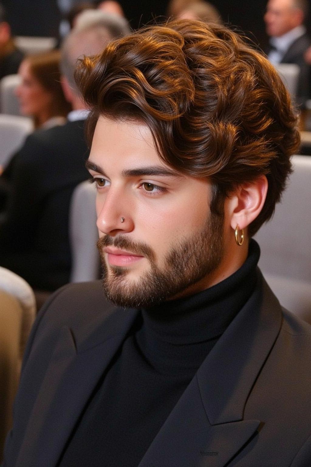 Young Wavy Brown Styled Light Black Turtleneck reference photo