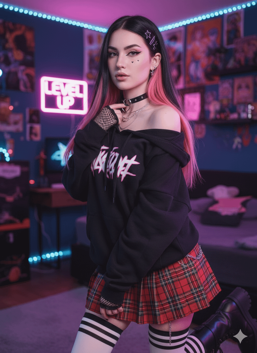 A gorgeous e-girl influencer posing in a plaid skirt and oversized hoodie, showcasing her vibrant neon pink highlights.