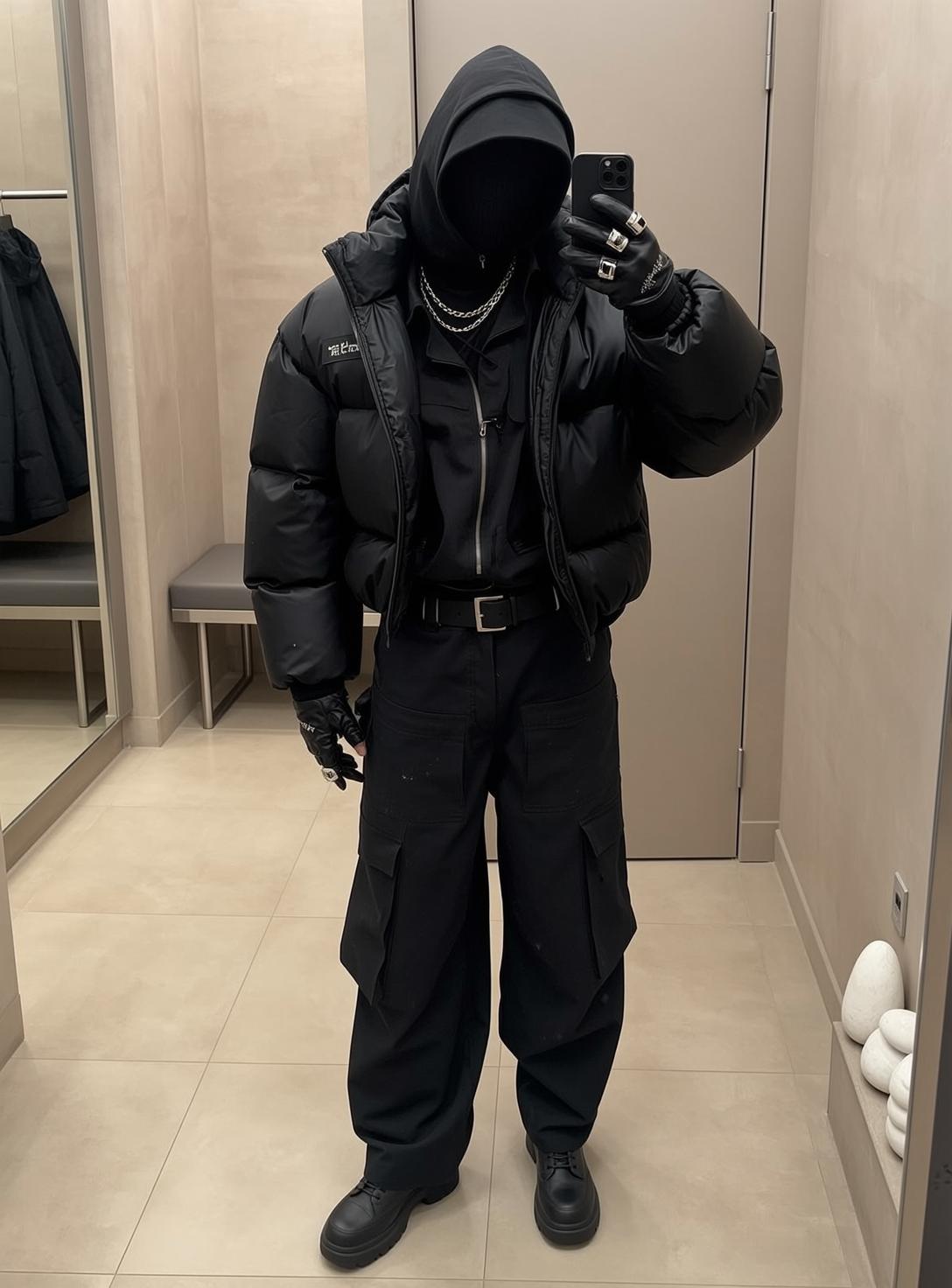 Black Puffer Cargo Pants Selfie reference photo