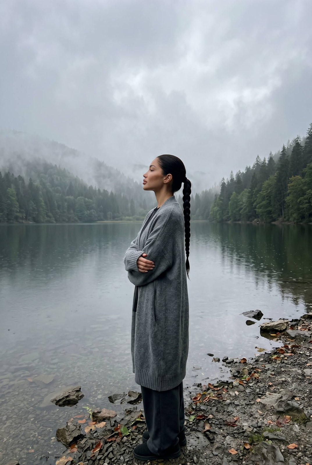 Mountain Lake Misty Forest Grey Cardigan Profile