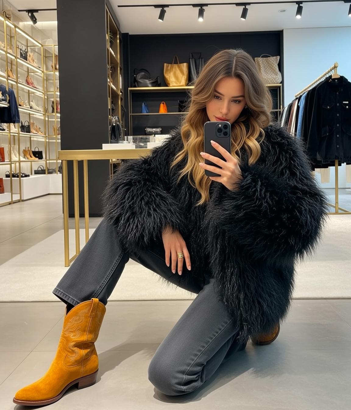 Blonde Woman Shaggy Fur Coat Boutique Selfie reference photo