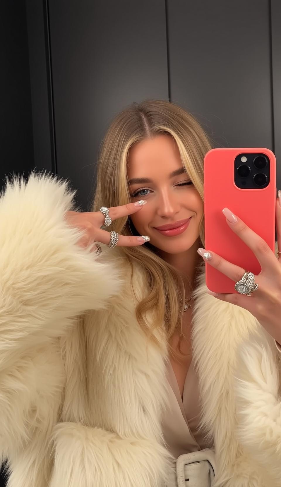 Explore Holding Coral-colored Smartphone Her Right Hand