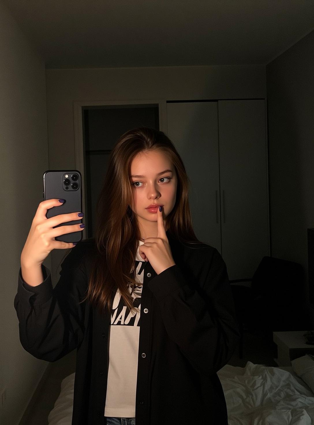 Black Overshirt Bedroom Shush Selfie reference photo