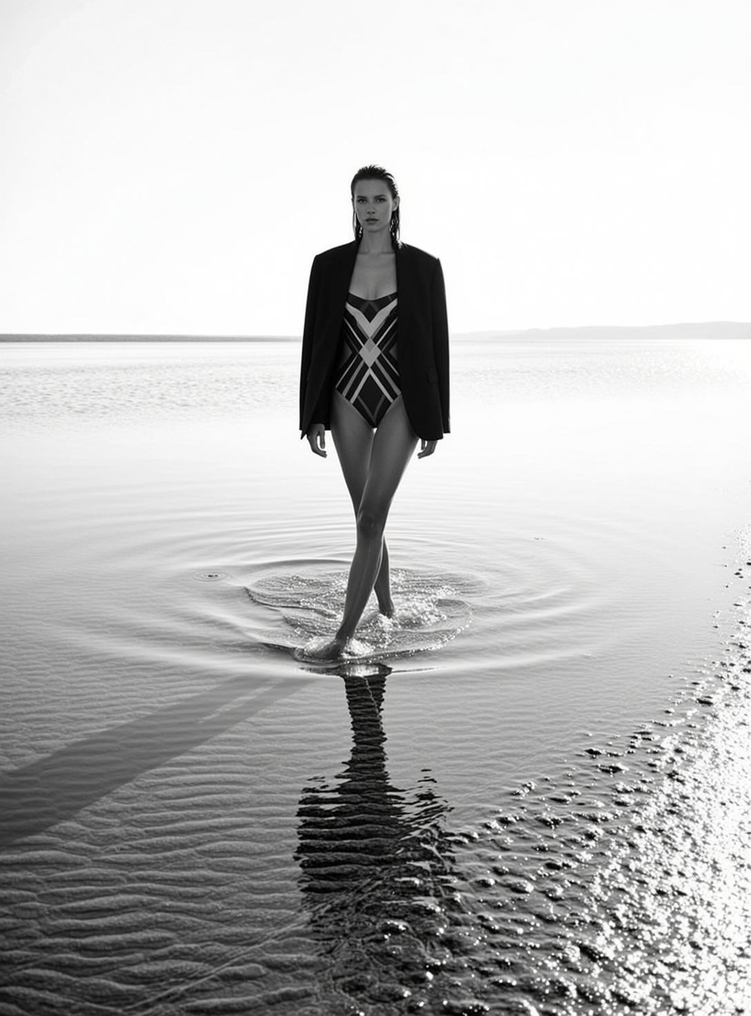 Full-body Eye-level Black And White Photograph Captures Slender Woman Walking reference photo