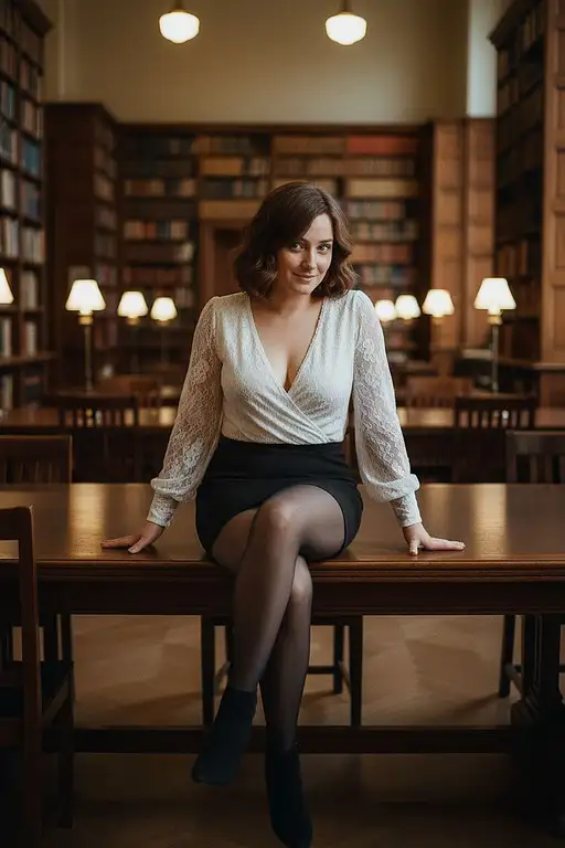 A woman in a loose lace white blouse and black mini skirt sits on a library table, exuding a mischievous look with warm lighting.