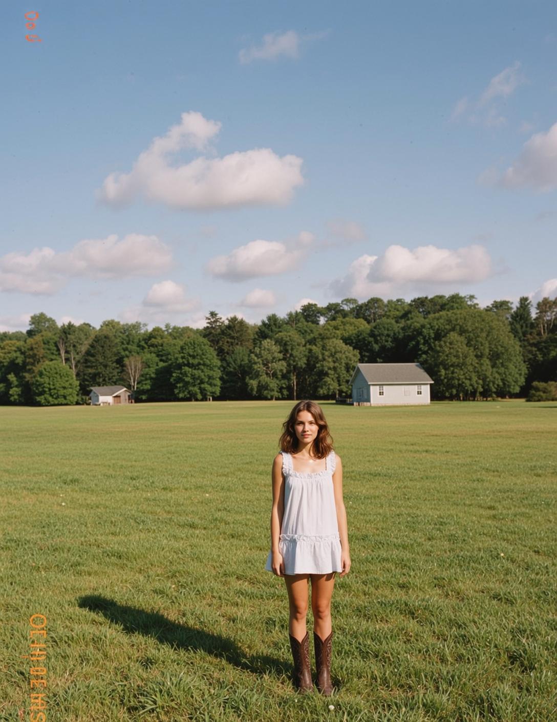 Cowgirl Young Stands Centered Vast Sunlit Grassy reference photo