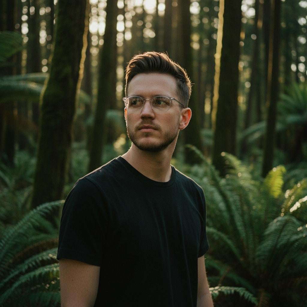 A man in a plain black t-shirt stands in a dense forest, sunlight filtering through trees creating dappled light on his face.
