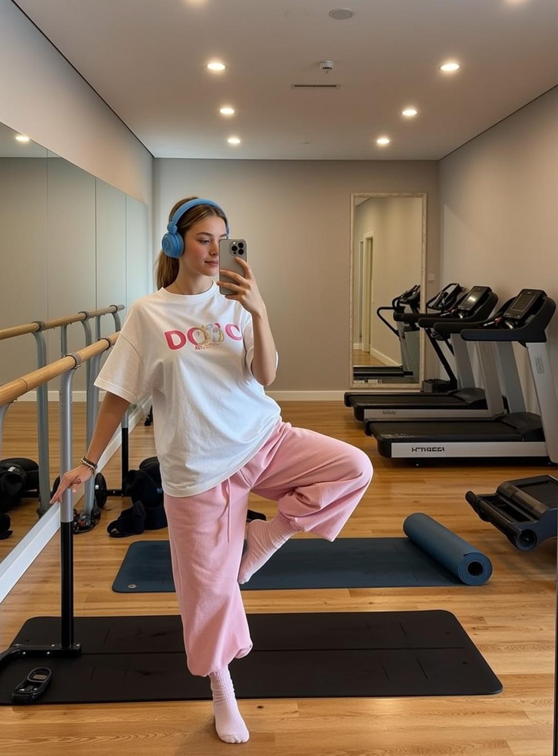 Balletcore Standing Gym Holding Smartphone Her Right