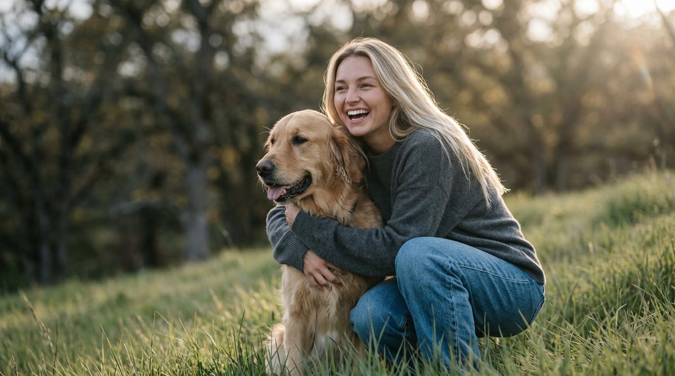 A woman in a charcoal sweater laughing with her golden retriever on a grassy slope under the soft glow of blue hour.