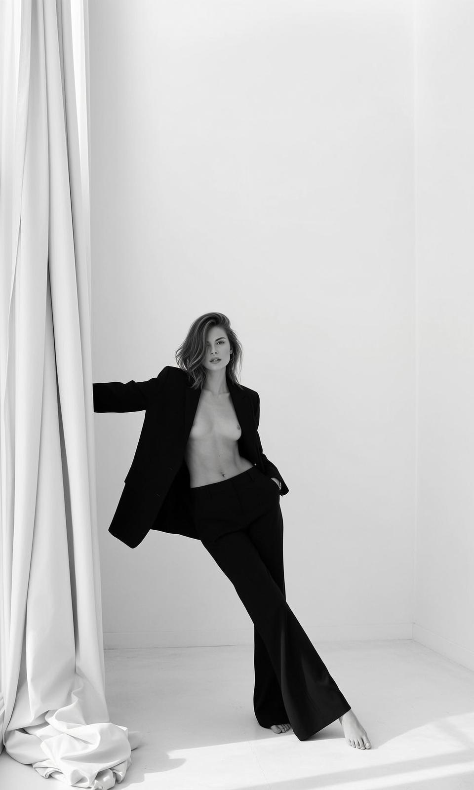 Full-body Vertical Photorealistic Black And White Portrait Woman With Medium-length reference photo