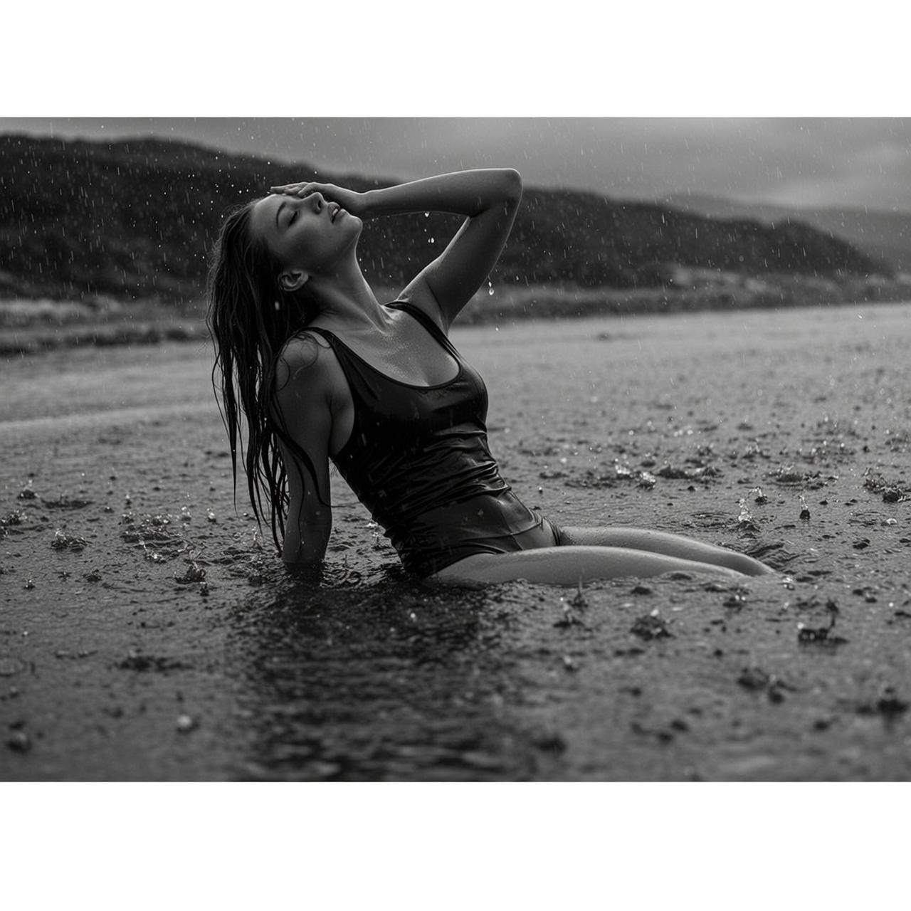 Photorealistic Black And White Horizontal Medium Shot Captures Young Woman reference photo