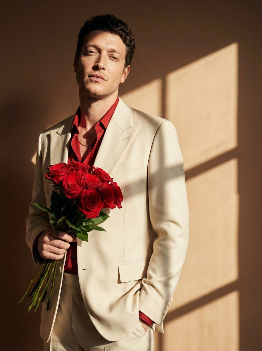 Man Cream Suit Red Roses Shadow