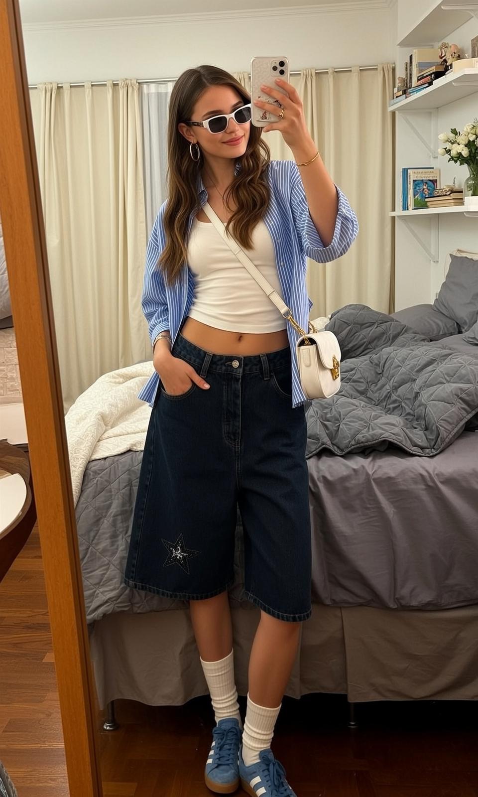 White Crop Top Wavy Hair Mirror Selfie reference photo