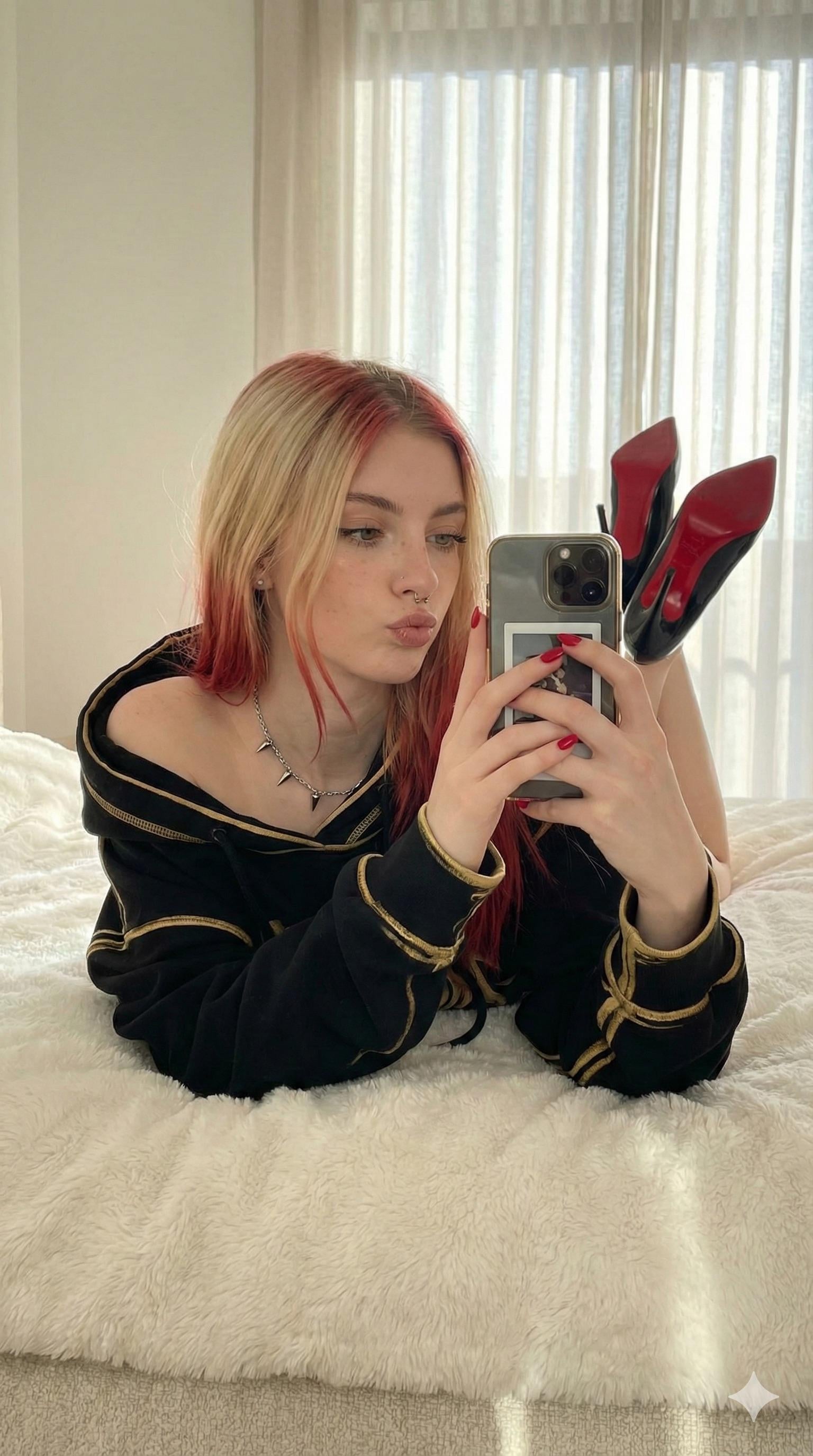 Bedroom Mirror Selfie Fluffy Duvet Gold Hoodie Red Soles