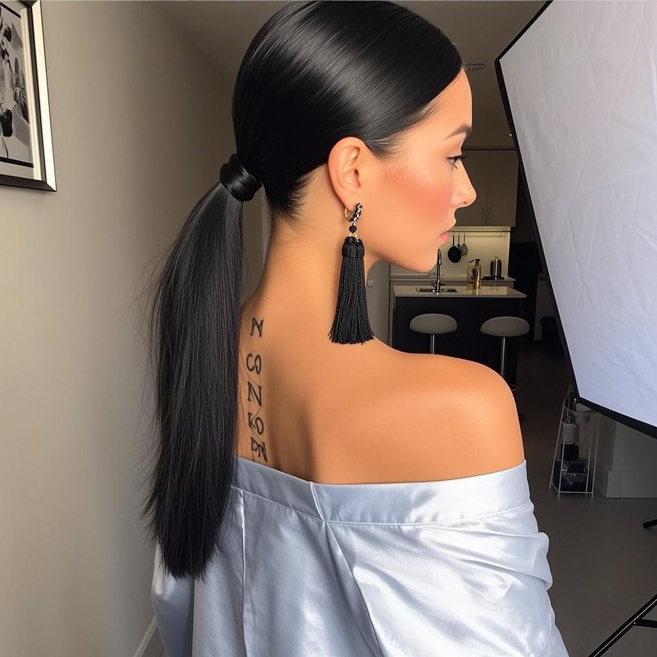 Hair Salon Long Black Sleek Pulled Back reference photo