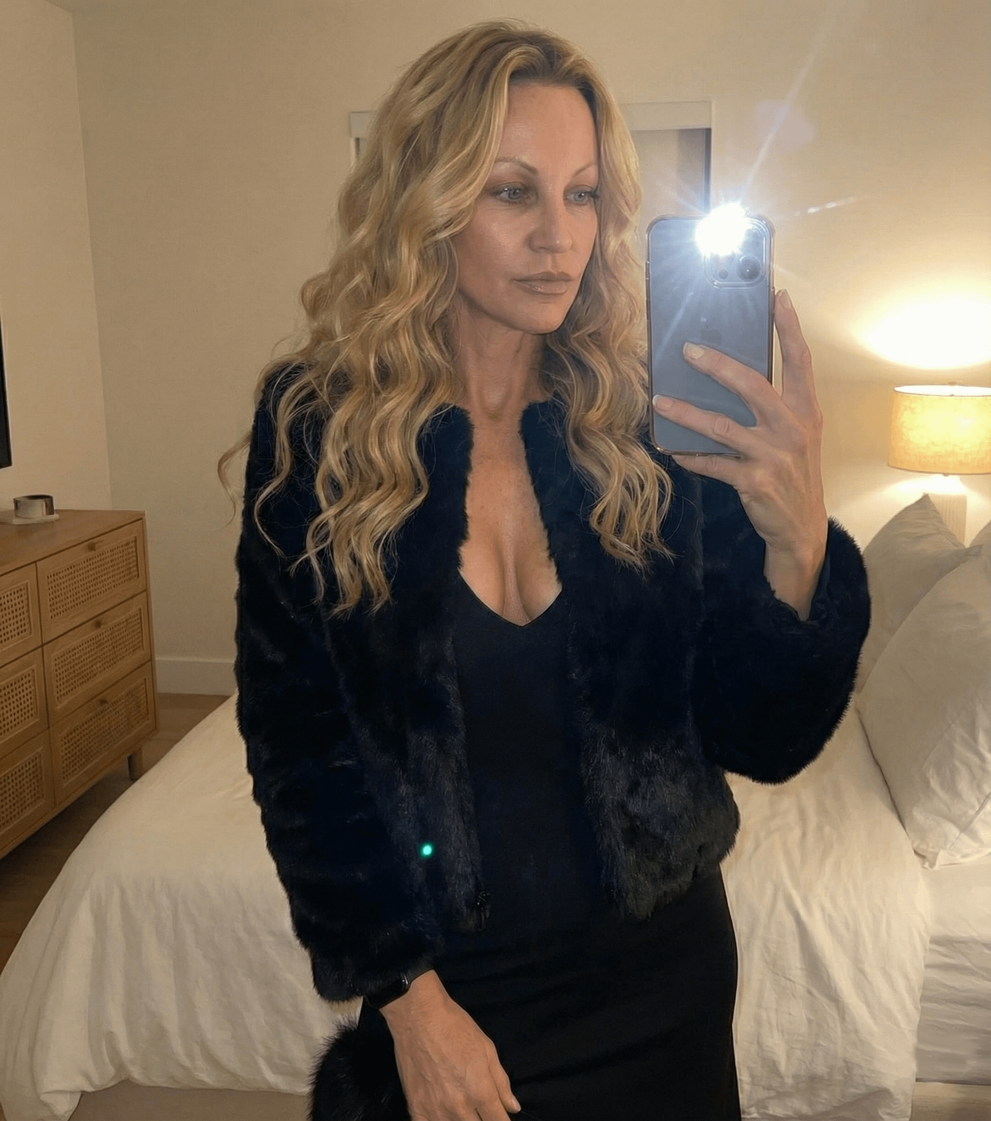 Selfie In Bedroom Black Dress Faux Fur Jacket reference photo