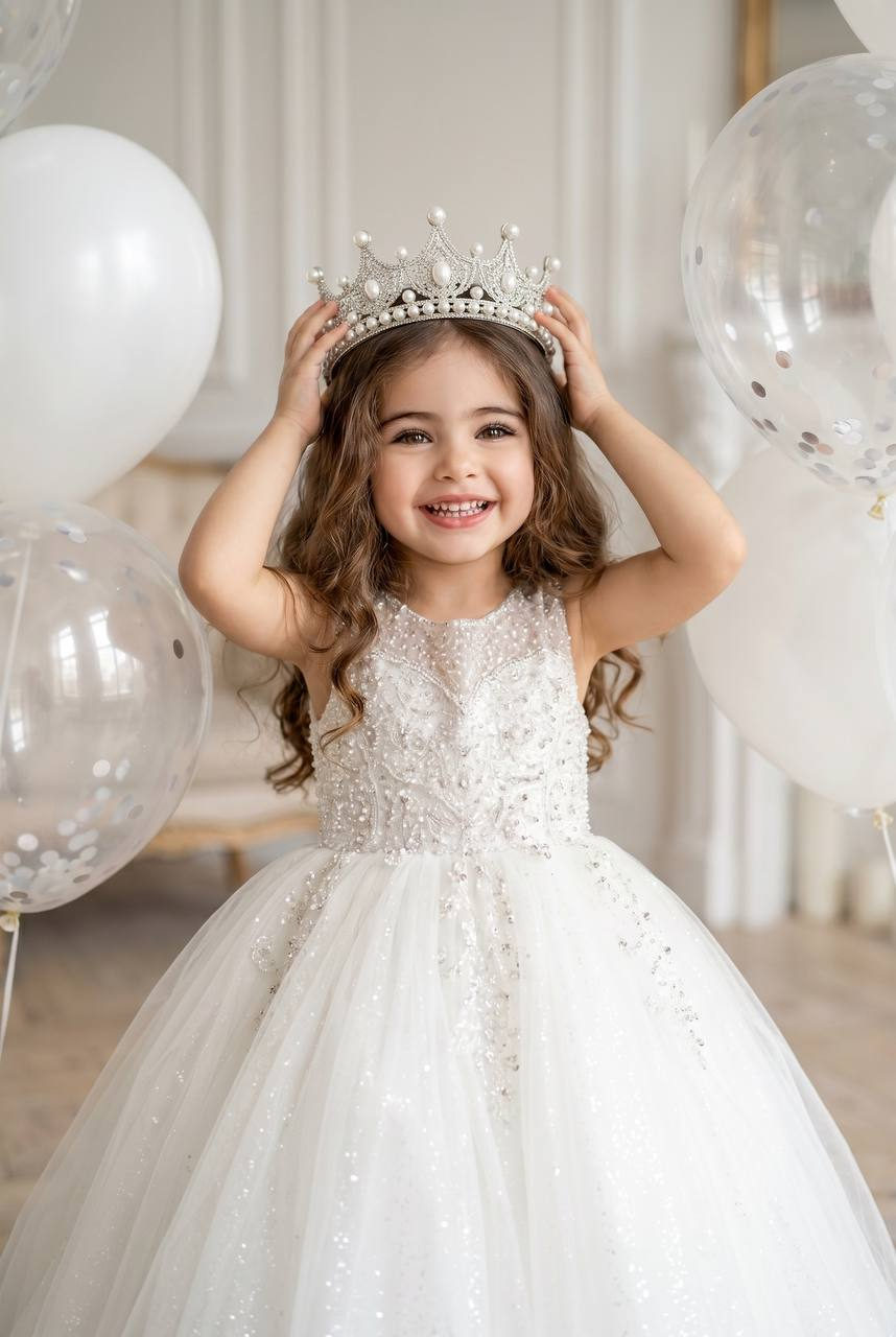 Girl In Sparkling Ball Gown With Balloons