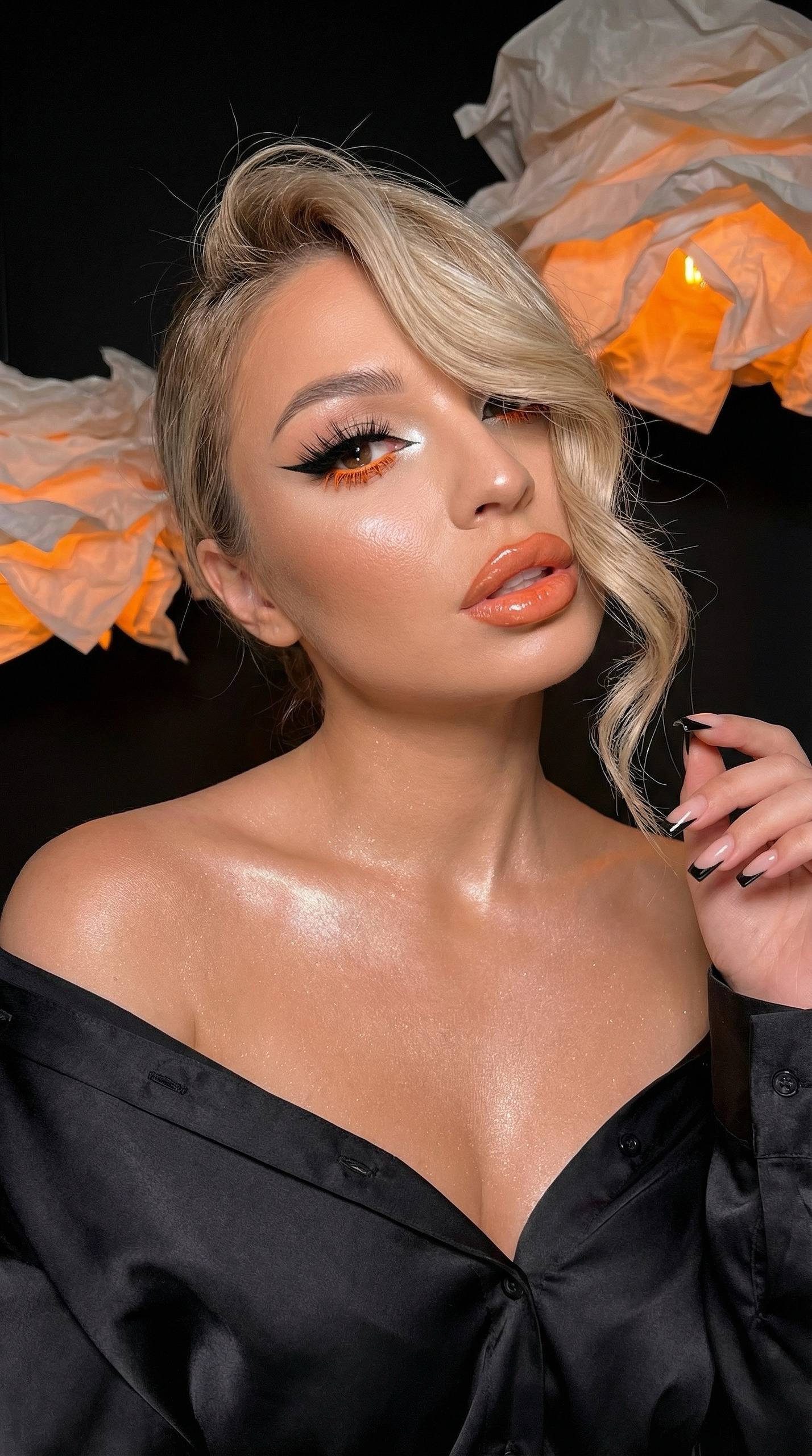 High Fashion Girl Face Orange Makeup
