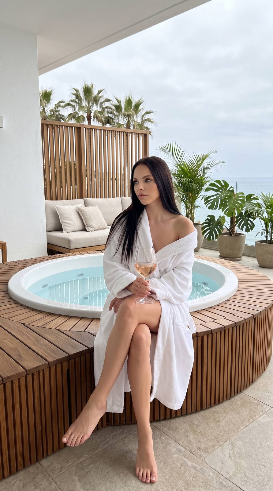Elegant woman in a white robe, barefoot on a jacuzzi edge, holding a glass of pale pink wine, set in a serene outdoor scene.