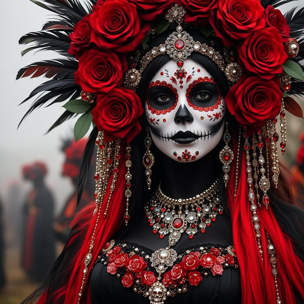 Halloween Makeup Skull Paint Long Black Red reference photo
