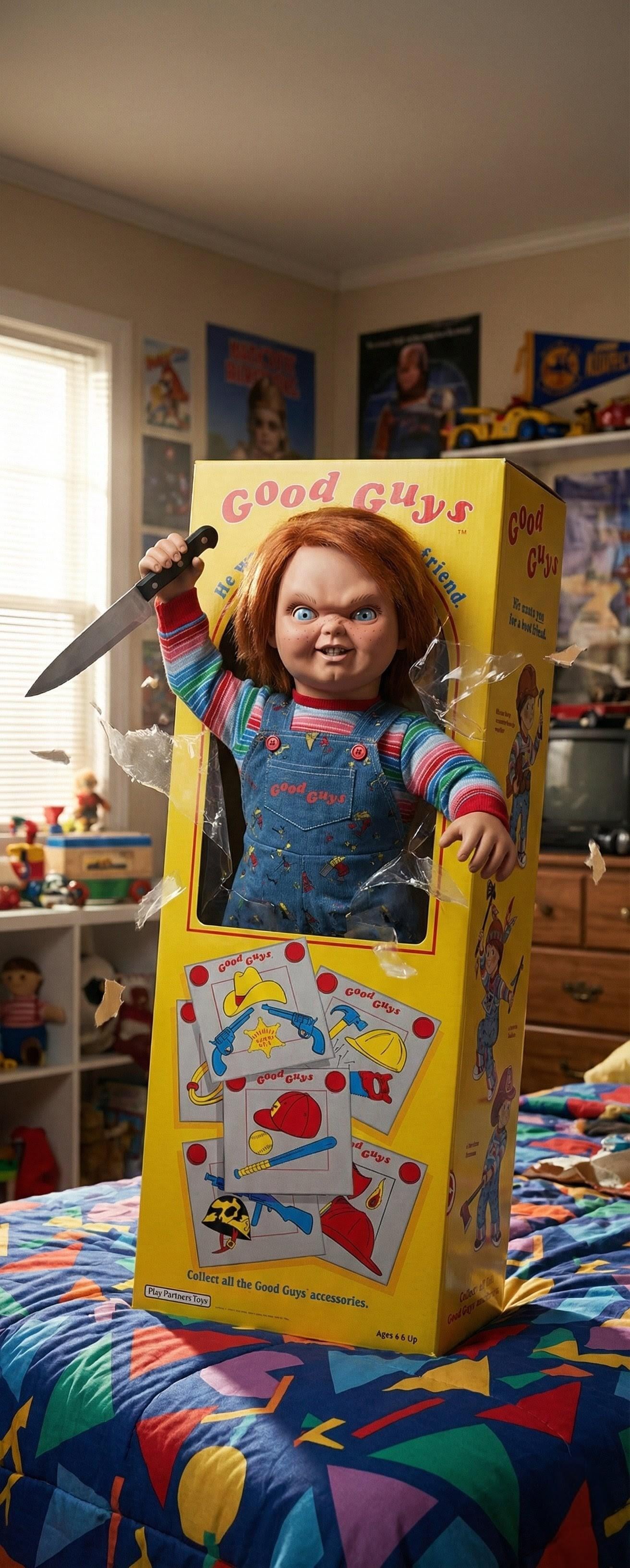 Chucky Doll Emerges From Box On Patterned Bed