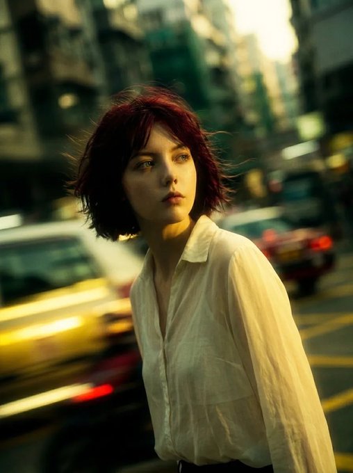A woman with dark red tousled hair stands calmly in a busy city street, bathed in warm golden sunlight, with blurred vehicles behind her.