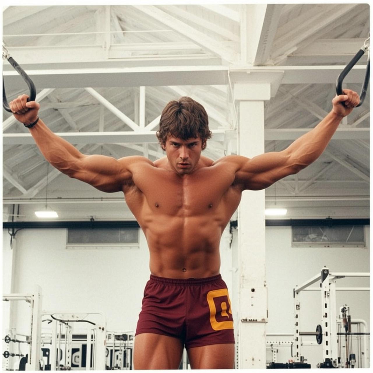 Muscular Brown Wavy Tanned Maroon Athletic Shorts reference photo