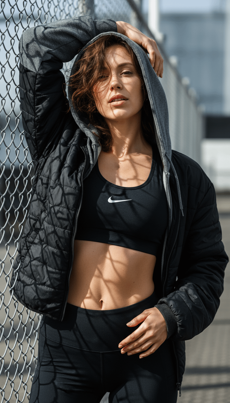 A photorealistic urban sports fashion editorial scene showcasing natural skin tones, realistic fabrics, and urban aesthetics.